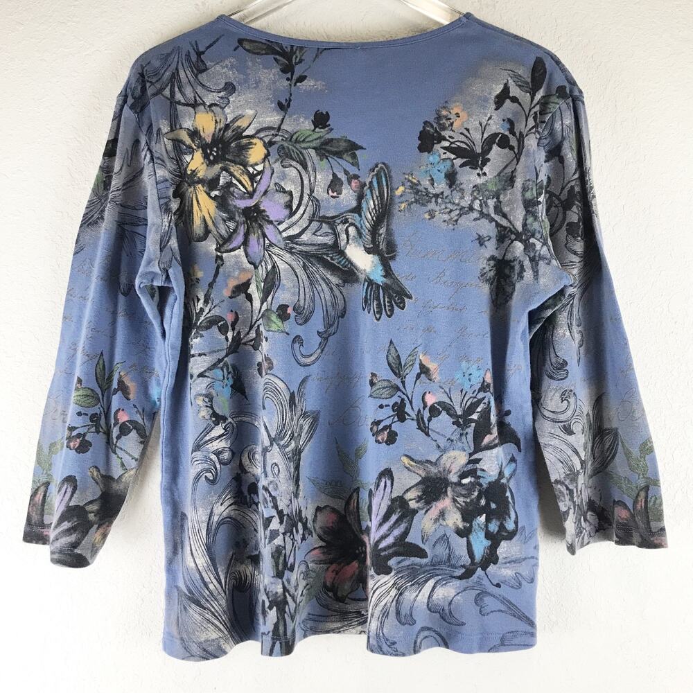 Jess & Jane Hummingbird Flower 100% Cotton Graphic Blouse Top USA Made Size XL - Picture 2 of 8